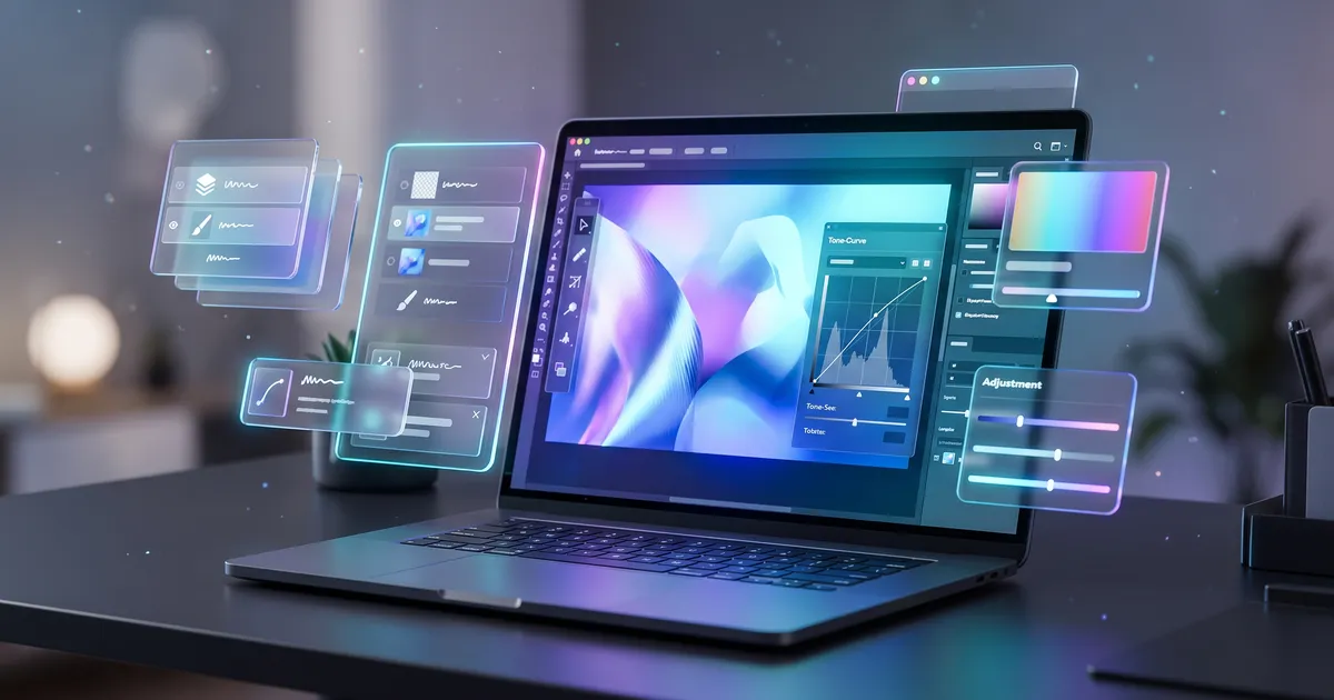 ArtCraft PhotoCraft alternatif Photoshop gratis: laptop menampilkan editor foto dengan layer dan mask