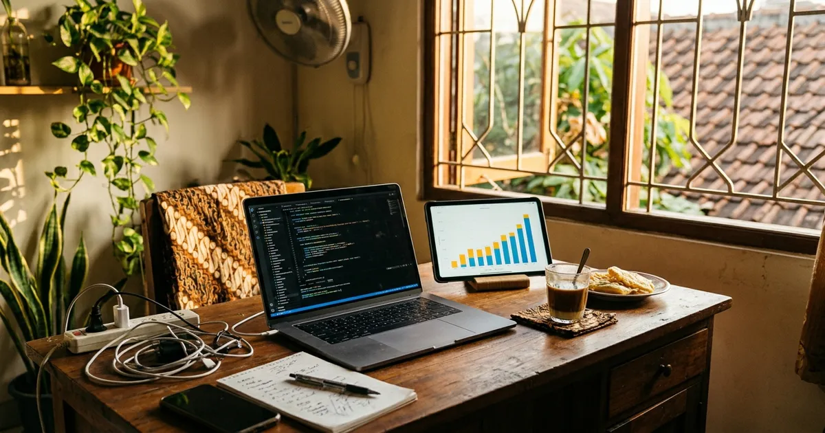 Bisnis SaaS pakai AI: laptop berisi kode di samping tablet dengan grafik pendapatan naik di meja founder indie