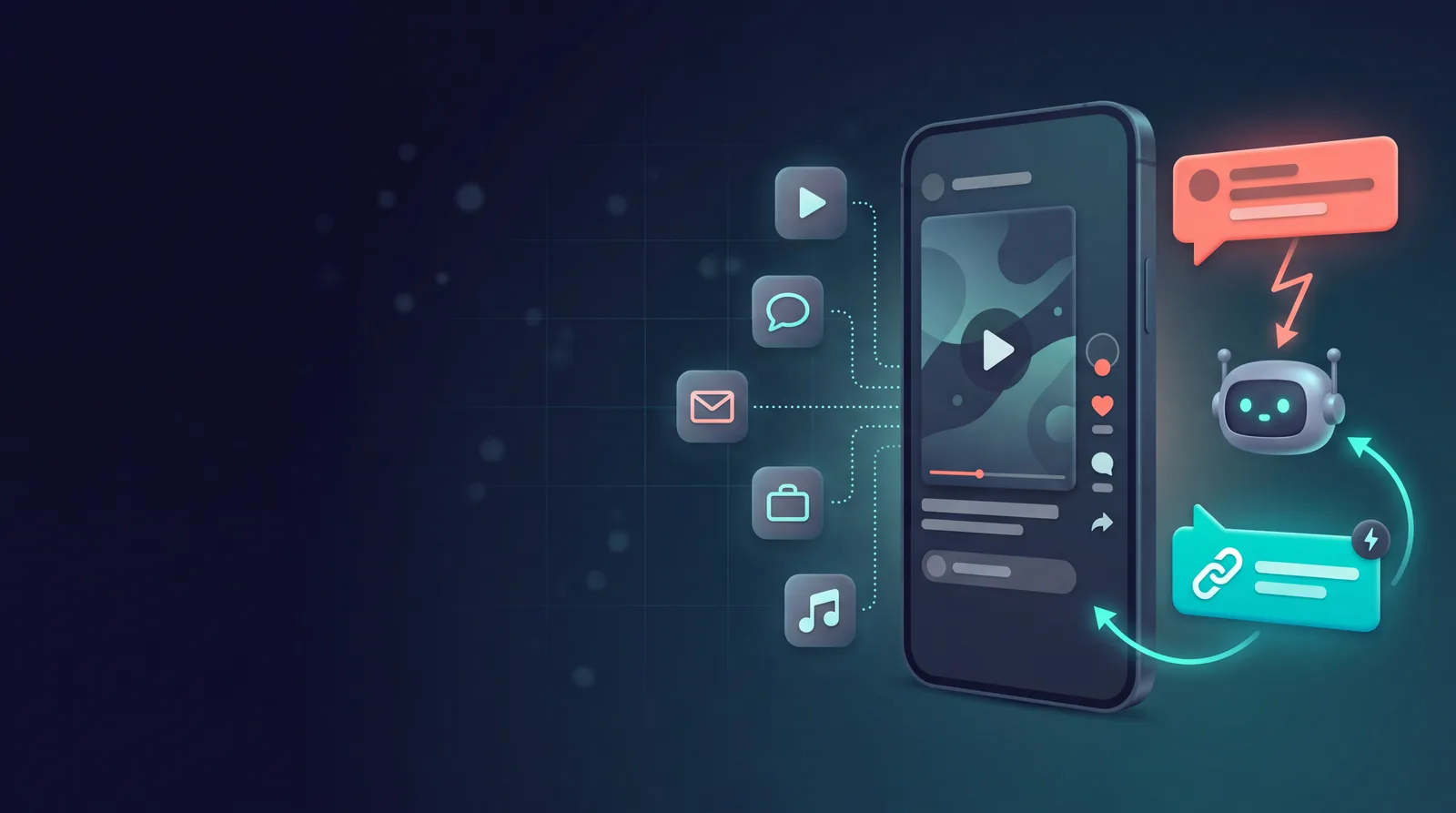 Ilustrasi ponsel berisi video dengan komentar yang dibalas otomatis oleh bot AI beserta tautan