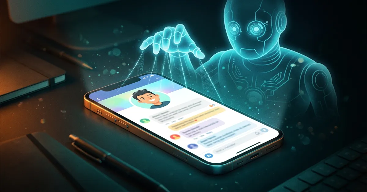 Dugaan buzzer AI di Threads: ilustrasi HP berisi utas media sosial dengan siluet robot AI di balik avatar tersenyum