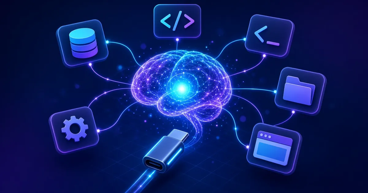 MCP Market: ilustrasi AI yang terhubung ke tools lewat MCP server, direktori untuk Claude, Cursor, dan ChatGPT