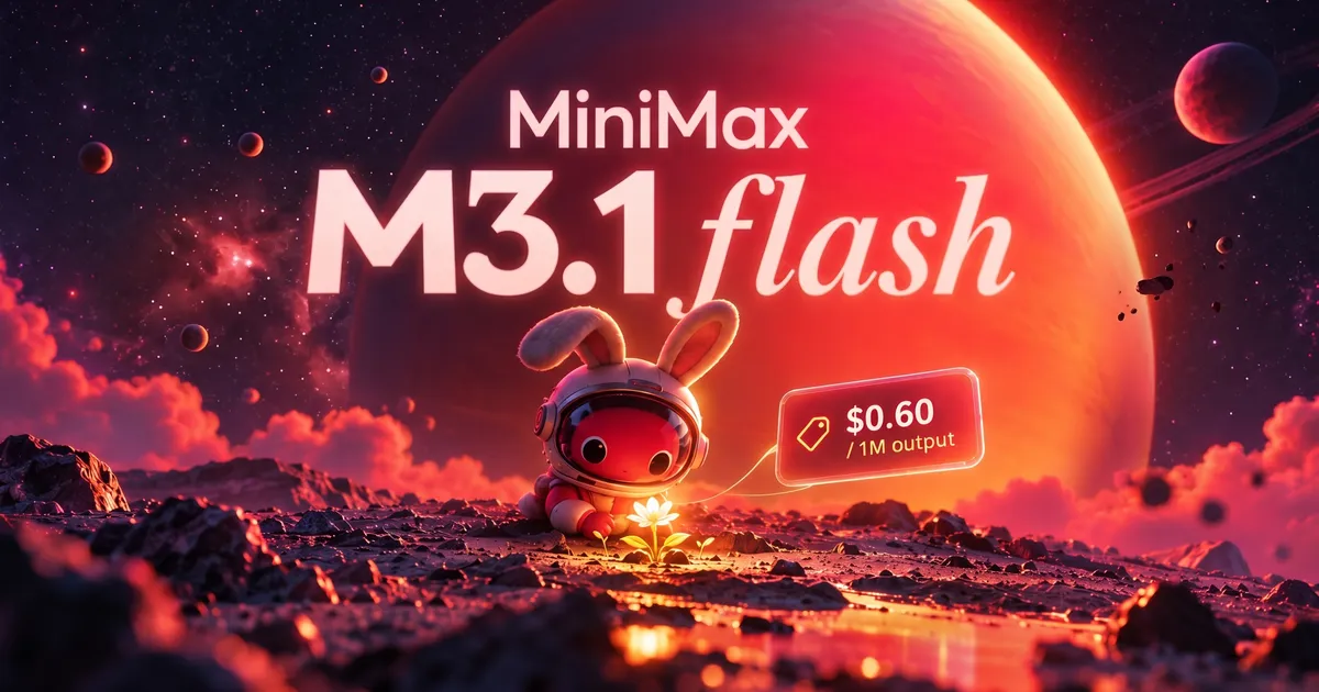 MiniMax M3.1 Flash harga $0.60 per 1M output: maskot kelinci astronot di depan planet merah