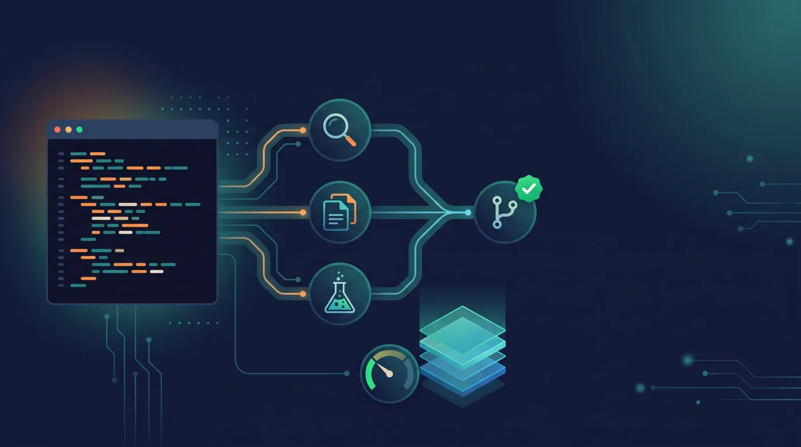 Ilustrasi Reason Agent 1.1: terminal kode dengan jalur paralel ke alat pencarian, berkas, dan tes, menyatu ke pull request