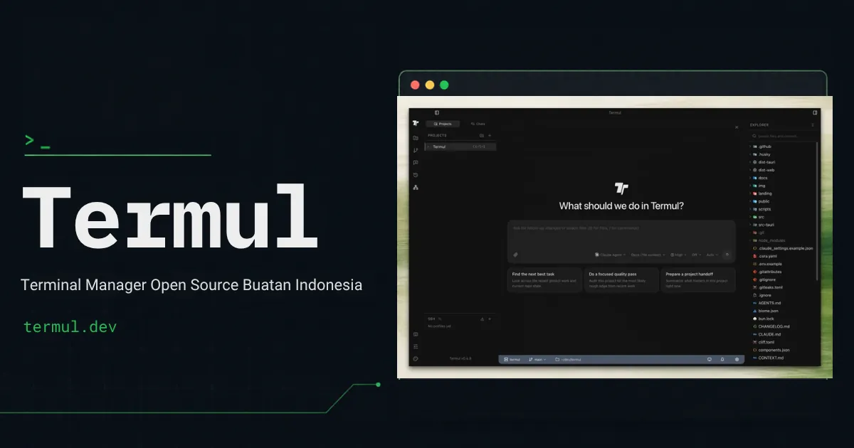 Termul terminal manager open source: tampilan aplikasi dengan sidebar proyek, panel agent "What should we do in Termul?", dan file explorer